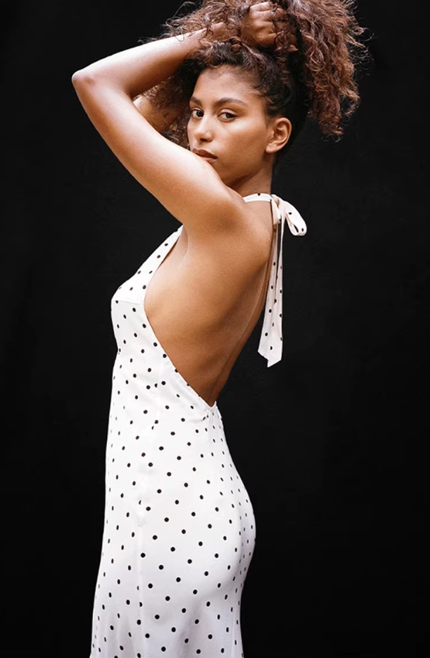 Dress French retro halterneck V-neck sleeveless slim fit polka dot backless white dress R2906