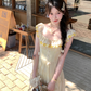 Yellow long chiffon printed small flying sleeve suspender dress summer French sweet slim skirt R4864