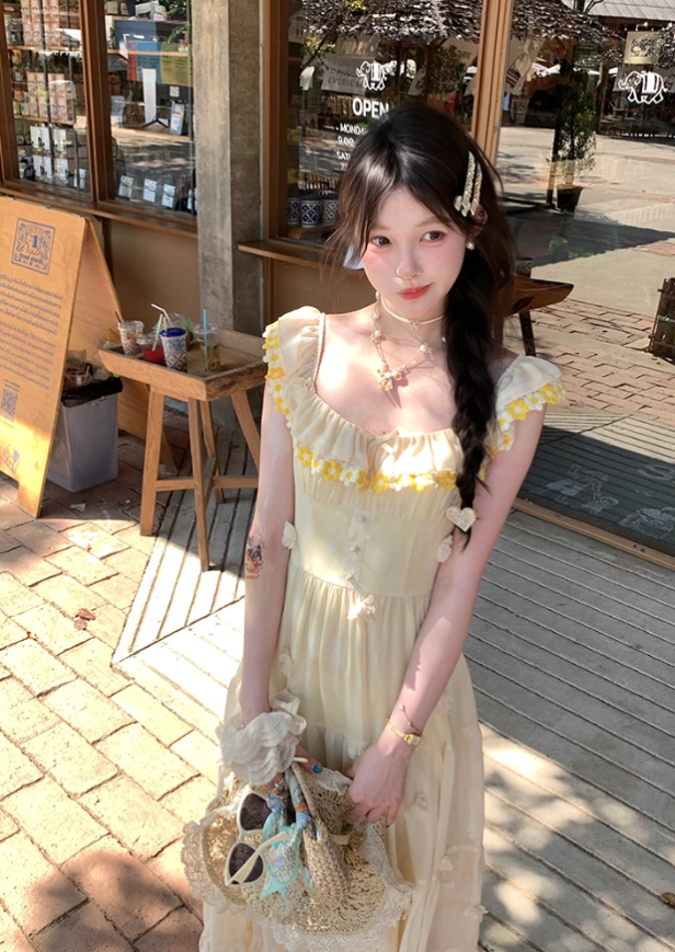 Yellow long chiffon printed small flying sleeve suspender dress summer French sweet slim skirt R4864