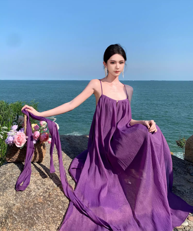 Purple beach dress backless dress loose chiffon suspender long dress seaside holiday dress R1595
