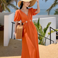 Orange V-neck French puff sleeve dress Hot girl hollow waist design high-end seaside holiday dress R0202