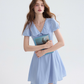 French blue lapel dress petite short skirt puff sleeves short A-line skirt for women R3560