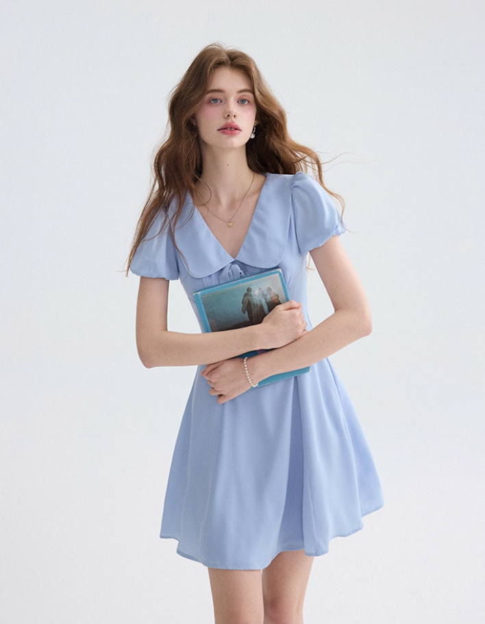French blue lapel dress petite short skirt puff sleeves short A-line skirt for women R3560