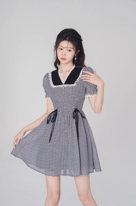 V-neck plaid dress summer tea break French skirt new style skirt niche design R4498