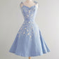 Haze blue suspenders tie waist slimming A-line elegant long skirt homecoming dress R3930