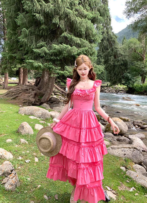 Pink long square collar white waist cake dress women's summer temperament skirt R4699