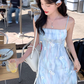 Blue gradient long floral one-shoulder waist suspender dress summer temperament skirt R4904