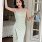 French square neck waist hip dress high waist sleeveless slim suspender dress slit long skirt R1433