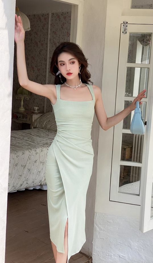 French square neck waist hip dress high waist sleeveless slim suspender dress slit long skirt R1433