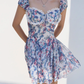 Retro countryside blue floral print dress lace one shoulder vacation skirt R2869