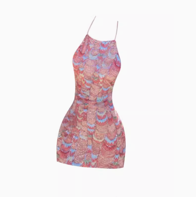 Pure desire style sequined halter neck dress 2025 backless slim holiday short skirt R1311