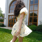 French square neck puff sleeve dress temperament tea break dress retro skirt R2705