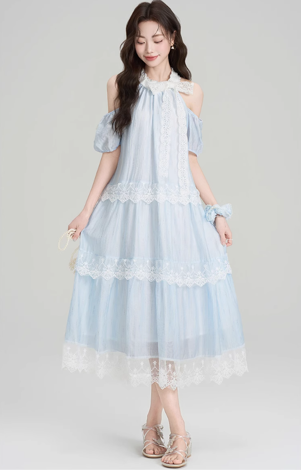 French design lace halter dress holiday style beautiful off-shoulder long dress R2399