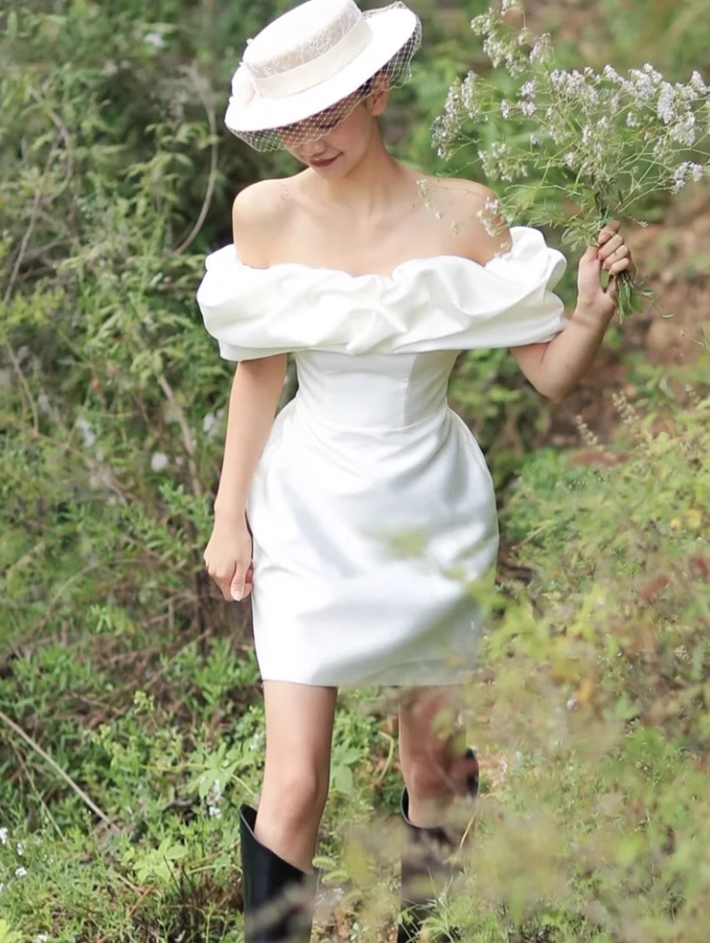 French white one-shoulder simple banquet birthday party short evening dress homecoming dress R2973