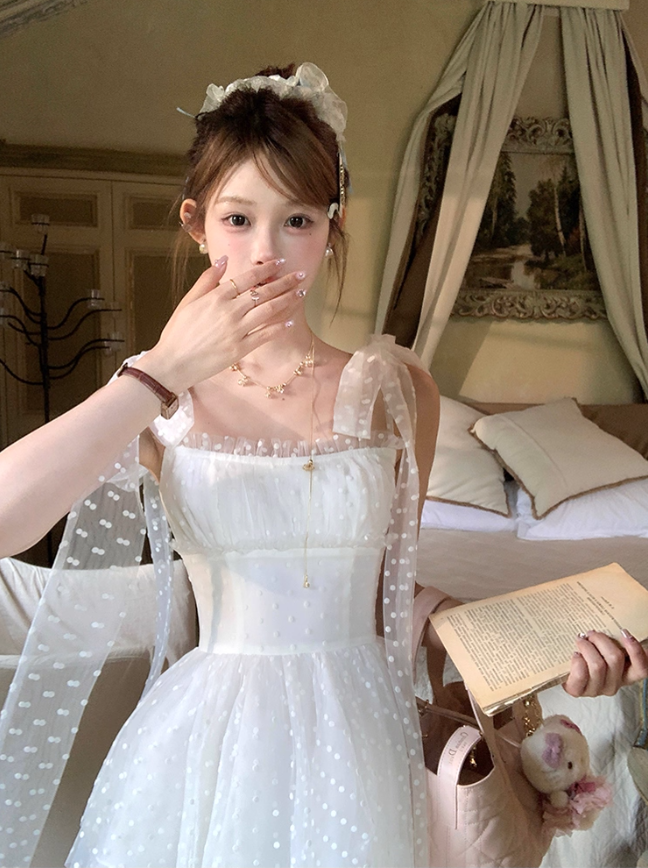 White tulle polka dot halter dress for women's summer French dress R4785