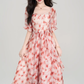 French red floral puff sleeve square neck dress holiday style waist big swing skirt R2403