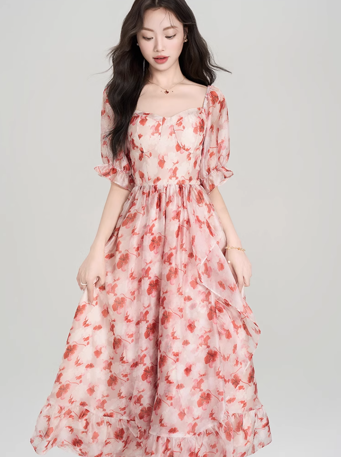 French red floral puff sleeve square neck dress holiday style waist big swing skirt R2403