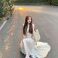 Atmosphere wear white lace sleeveless vest dress beautiful temperament waist A-line long skirt R0421
