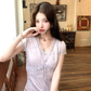 Purple V-neck short-sleeved lace waist dress summer French retro temperament A-line skirt R4582
