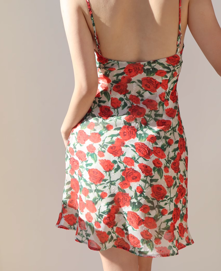 French sexy backless waist slim rose print retro suspender long dress holiday dress R2803