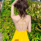 Yellow V-neck design backless dress tutu skirt irregular pleated beach suspender dress R0200