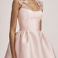Pink Satin Smooth Strap Waist Irregular Hem Short Skirt Homecoming Dress R3701