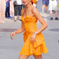 Bright yellow bandeau irregular skirt design sexy short skirt homecoming dress R2504