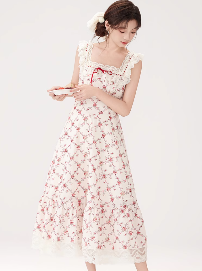 French style gentle sweet floral dress new lace waist long skirt R2380