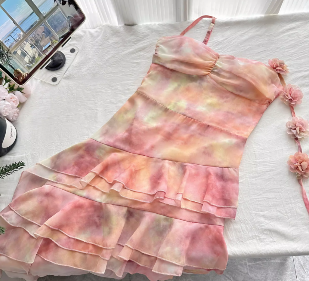 French style fairy beach dress ruffle irregular dress R2112