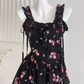 French retro black floral dress for women in summer with small temperament waist suspender skirt R0026