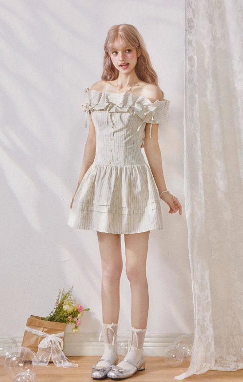 Tea pure cotton striped print pleated waist one-shoulder dress R5213