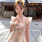 Square neck small flying sleeve waist suspender dress women's summer French skirt R4827
