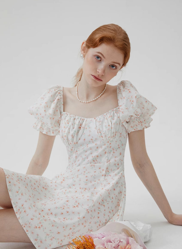 Jasmine French floral dress small fresh sweet puff sleeve short skirt R2763