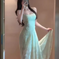 Gentle mint green jacquard suspender dress beautiful atmosphere small skirt R0806
