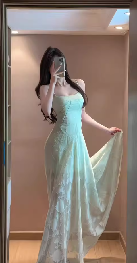 Gentle mint green jacquard suspender dress beautiful atmosphere small skirt R0806