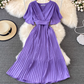 2025 new V-neck short-sleeved dress slim fit temperament waist tie big swing pleated long skirt R0345