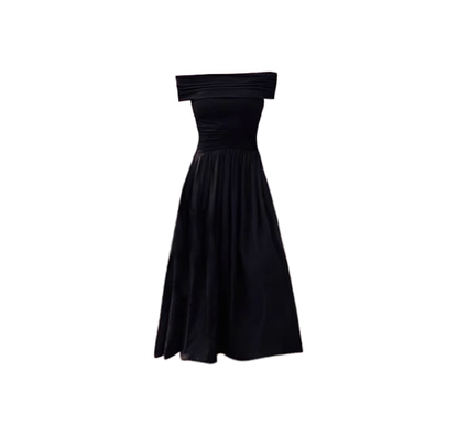 Black one-shoulder dress 2025 new style high-end temperament off-shoulder waist long dress R0128