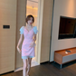 Mesh V-neck petite French first love sweet pink dress for women R4176