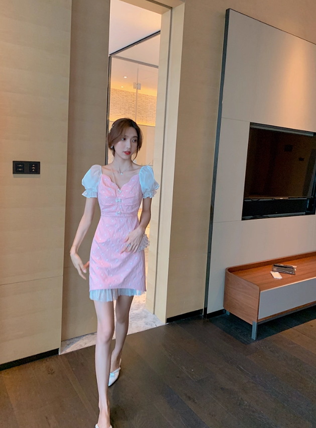 Mesh V-neck petite French first love sweet pink dress for women R4176