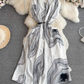 Beach vacation long dress gentle style short sleeves V-neck waist medium length A-line plaid dress R0358