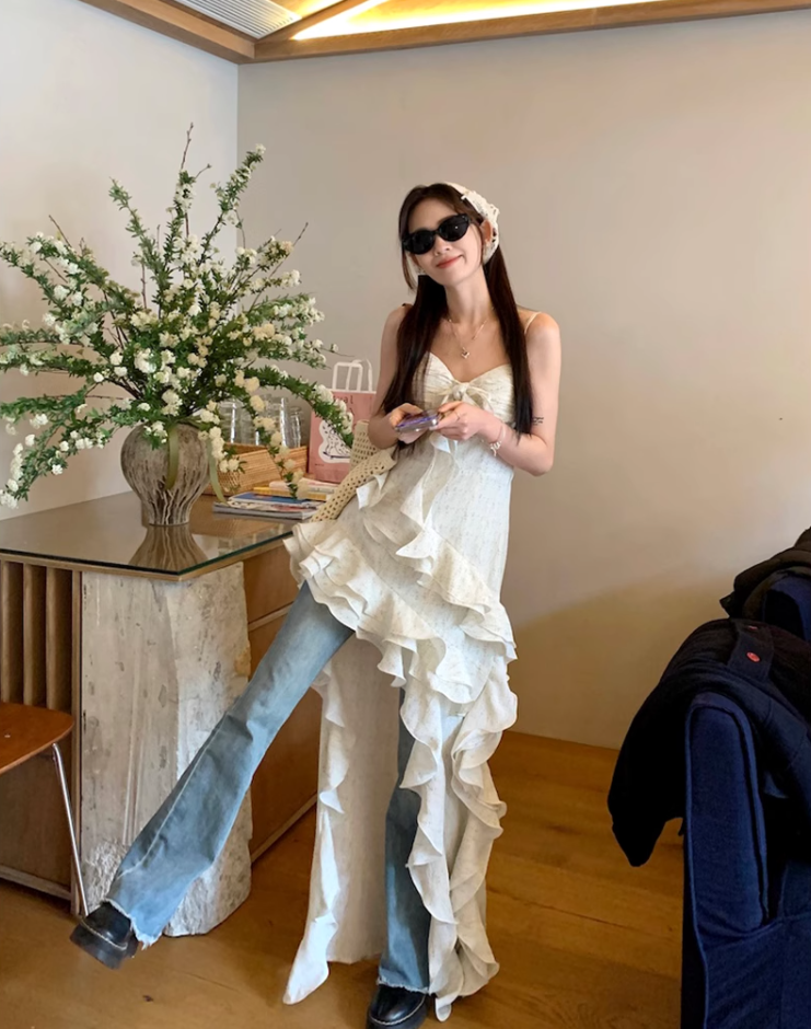 Fairy dress pure desire style irregular holiday suspender skirt floral cake skirt R1710