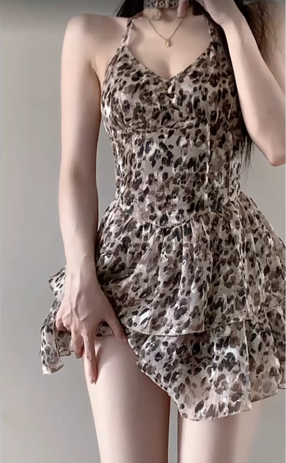 French pure desire temperament leopard print slim fairy dress waist halter dress R1634