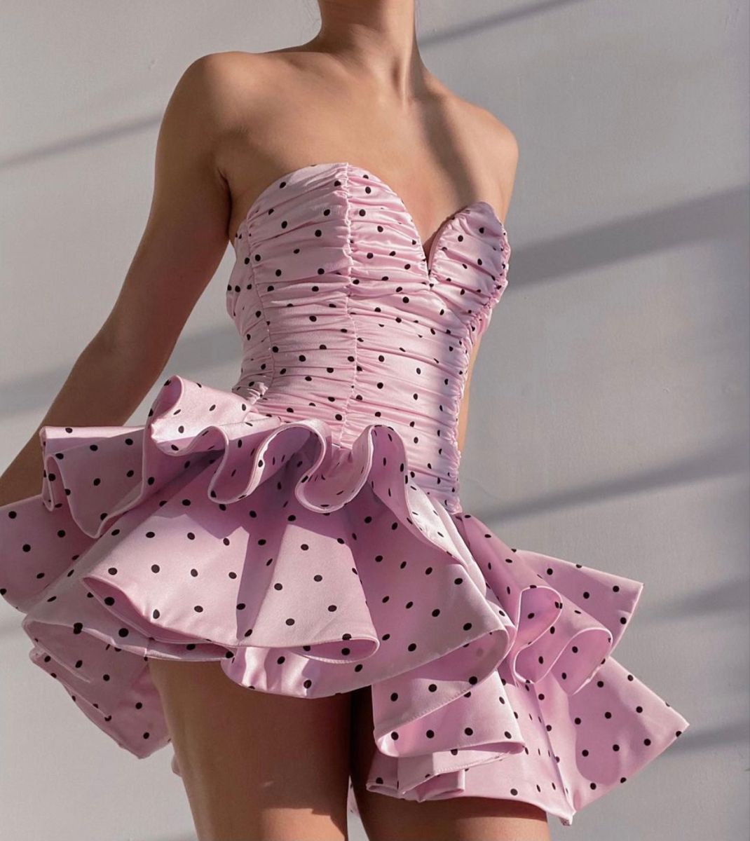 Pink Polka Dot Tube Top Waist Pleated Cake Skirt Homecoming Dress R3545