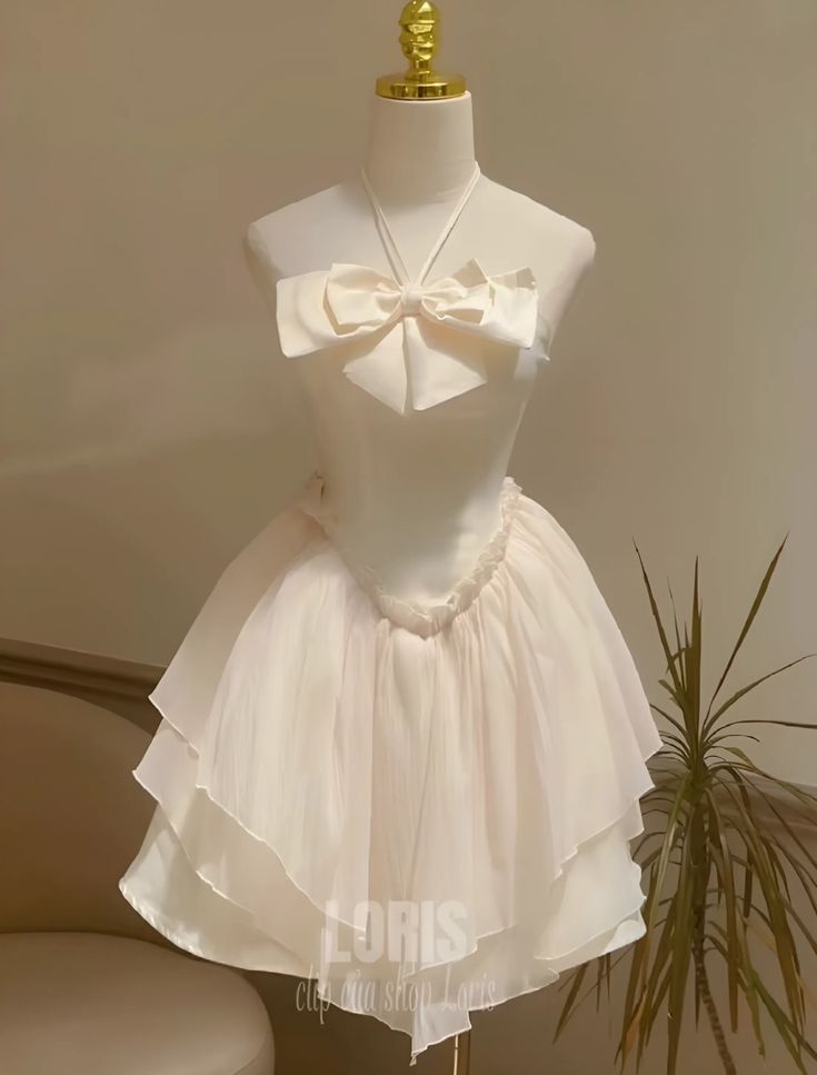 White suspender bow A-line slim skirt homecoming dress R2575