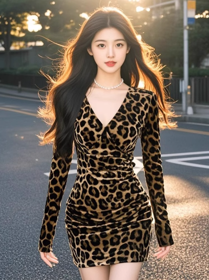 Sexy hot girl V-neck leopard print long-sleeved dress 2025 slim waist hip skirt R1212