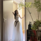 Hot girl wears white sleeveless halter dress with elegant and high-end waist A-line puffy long skirt R0418