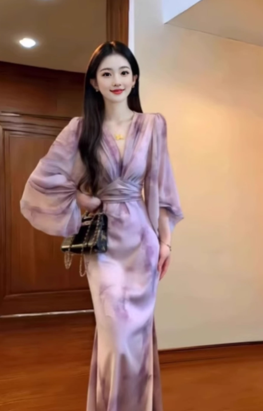 French style gentle temperament purple v-neck dress holiday style beautiful unique waist hip long skirt R0304