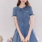 Vintage denim dress with baby doll collar, puff sleeves and waist-hugging tutu skirt R4543