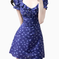 2025 Summer New Purple Floral Square Neck Puff Sleeve Retro A-line Short Dress R0949