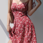 Retro girl red floral suspender skirt slim fit waist strappy short skirt holiday dress R2804